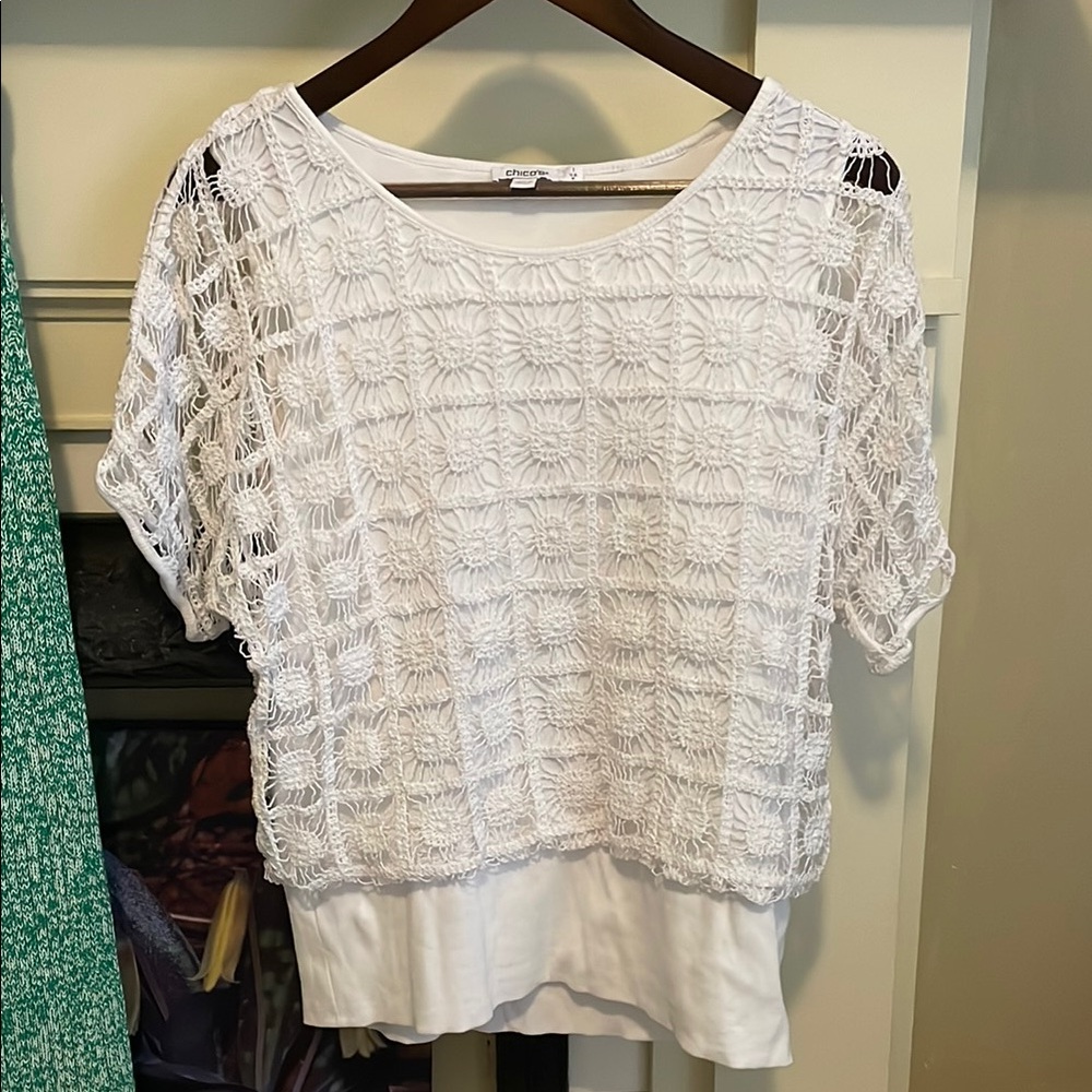 Chico's White Crochet Short Sleeve Top